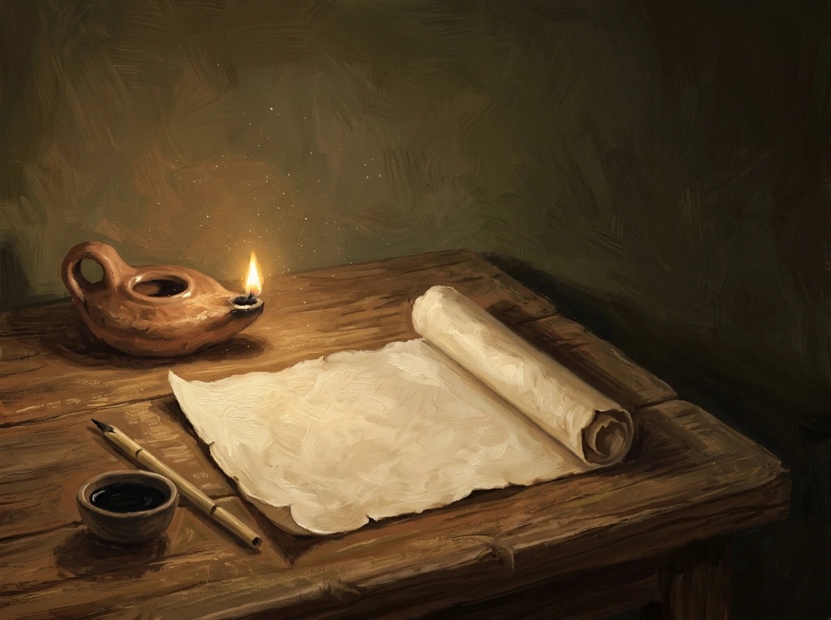 Ilustração pintada: um rolo de pergaminho parcialmente aberto sobre uma mesa de madeira, ao lado de uma lâmpada de barro acesa.