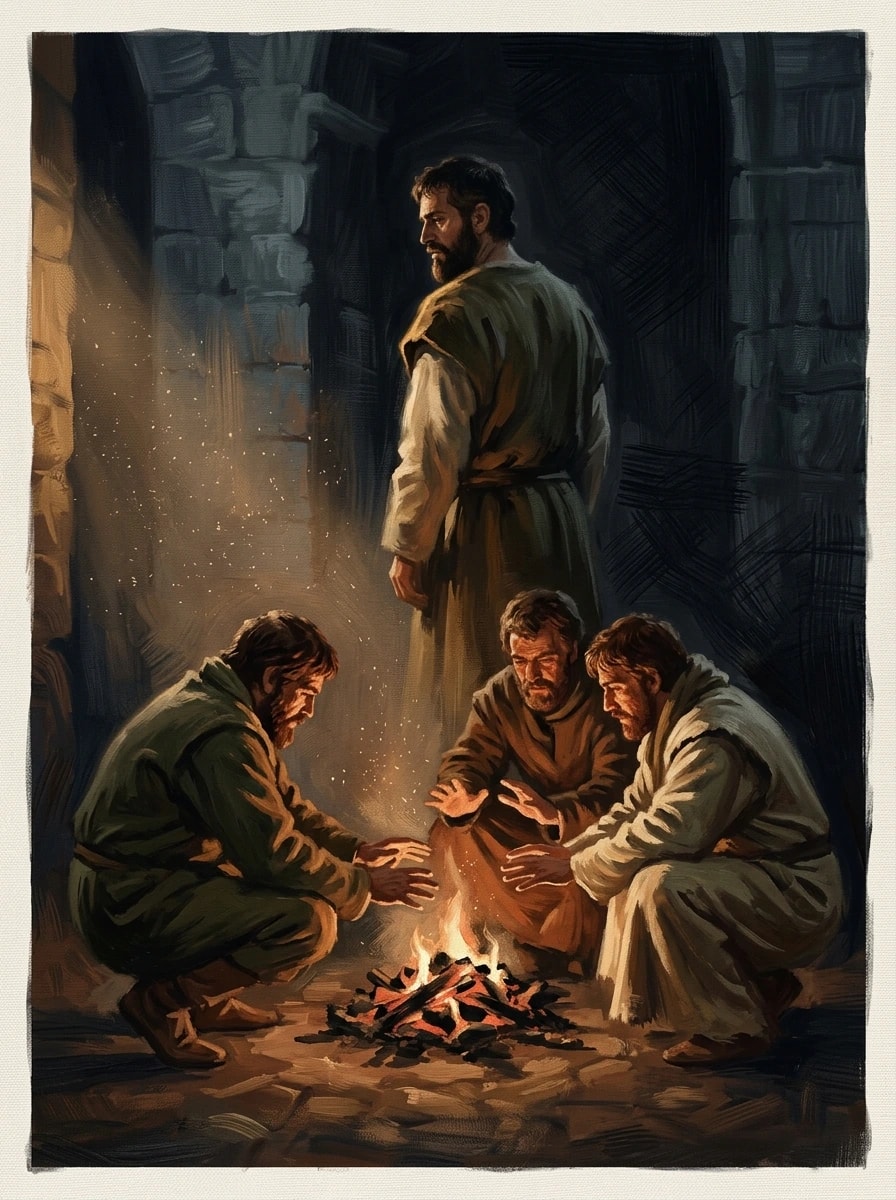 Ilustração pintada: quatro pessoas se aquecem numa fogueira dentro de um pátio de pedra à noite; um homem barbudo está de pé, à margem da luz.