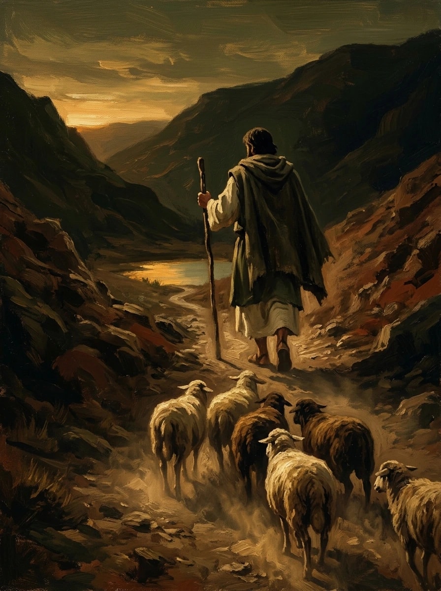 Ilustração pintada: um pastor conduz um pequeno rebanho por um vale ao anoitecer, em direção a uma água que reflete a última luz.